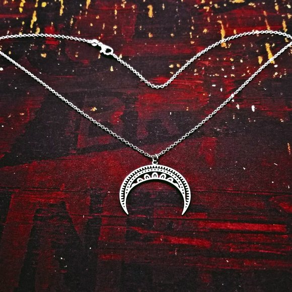 Mandala Upside Down Crescent Moon Silver Necklace - Picture 2 of 3